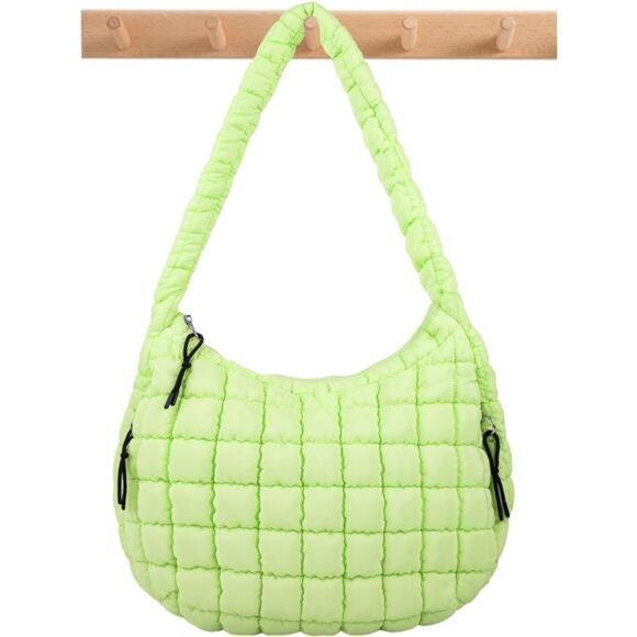 Quilted Puffer Tote Bag Lime Green - Picture 1 of 6